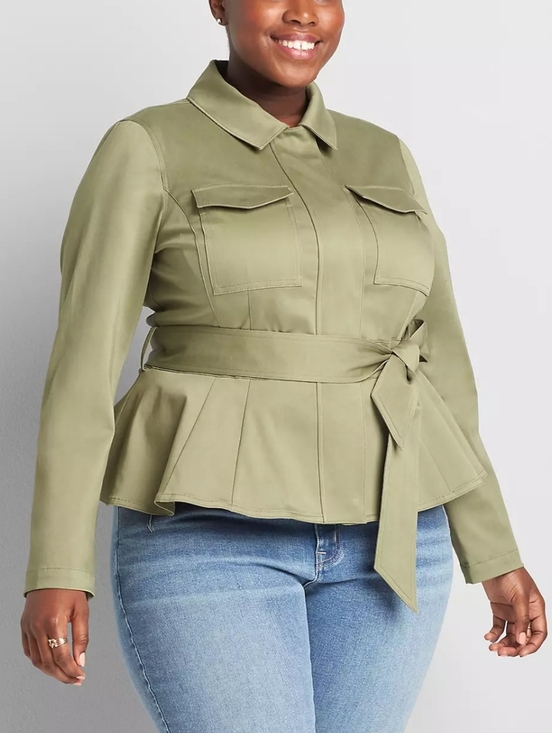 NWT Lane Bryant Green Crop Peplum Utility Jacket Belted Soft Cotton Blend 20 2X - Picture 2 of 16